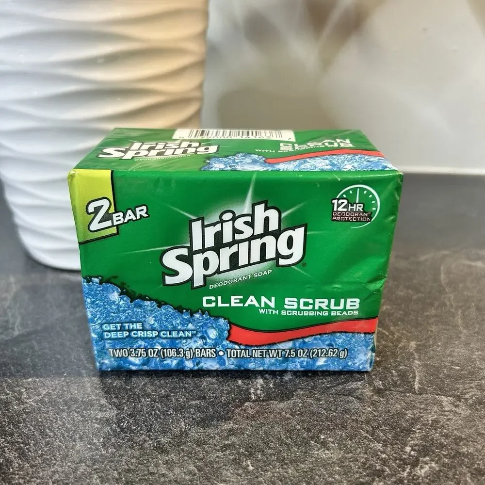 2 Bars Irish Spring Clean Scrub W‎ Scrubbing Beads Soap NO Linseed 3.75 oz Each